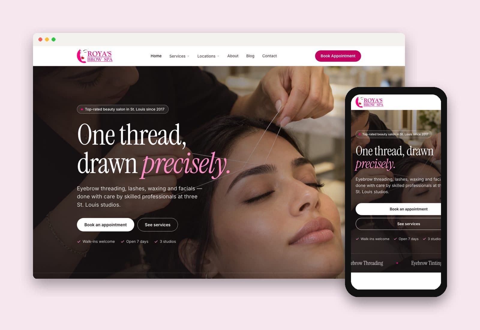 The Roya’s Brow Spa website on desktop and phone